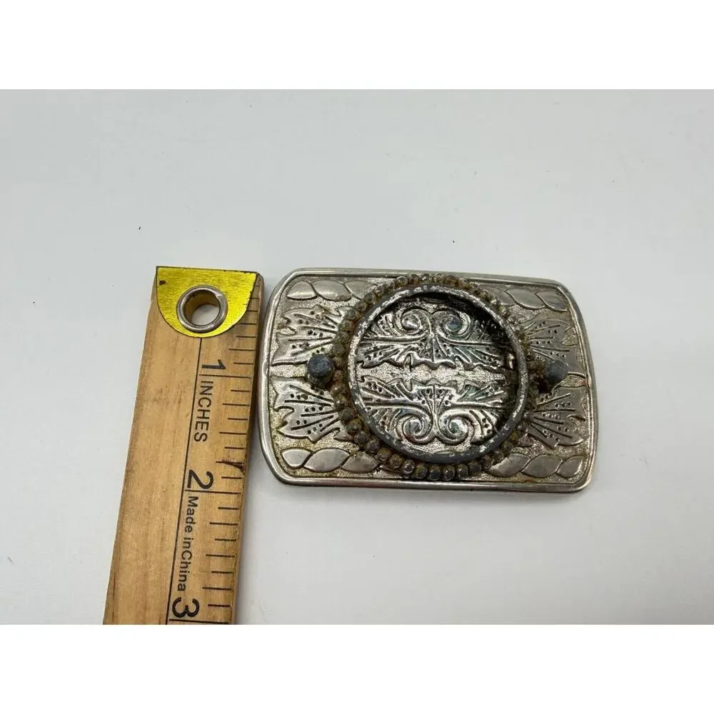 Vintage Western Floral Engraved Belt Buckle Silver Tone Made In USA Rustic